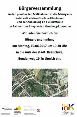 Zu den punktuellen Maßnahmen in der Mäusgasse und der Anbindung der Rurstraße wird eine weitere Informationsveranstaltung für Linnicher Bürger/Innen durchgeführt. Diese findet am 19.06.2017 in der Aula der städtischen Realschule statt.
